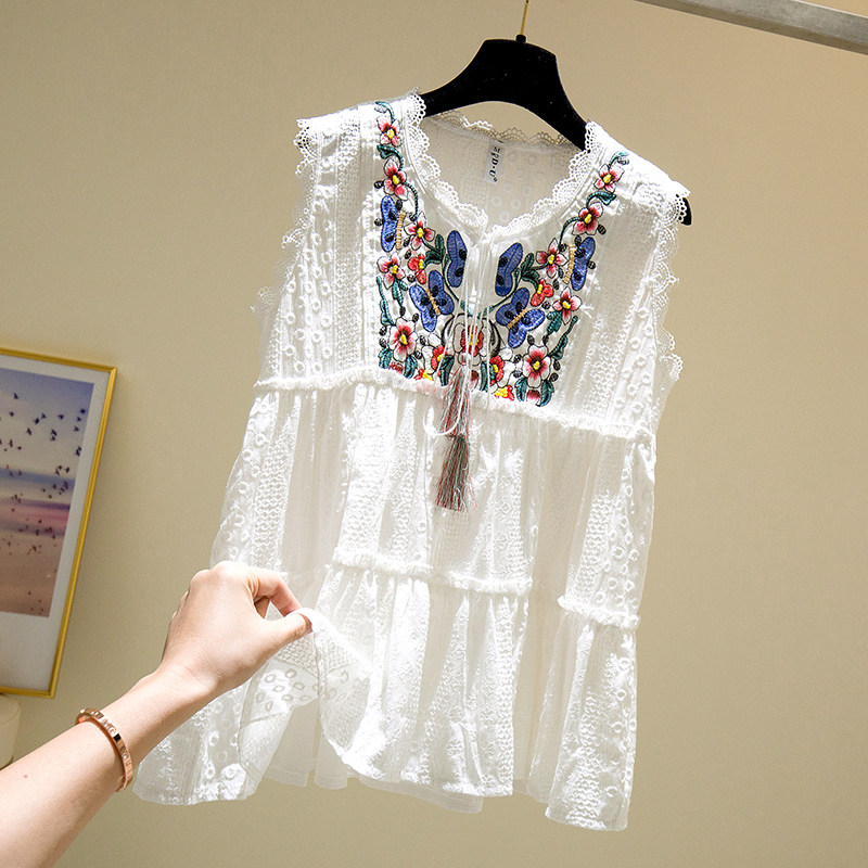 South Korean loose blouses women summer clothes 2021 new ethnic wind embroidery shirts sleeveless hollowed-out bladed sweatshirt