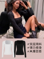 Лонгслив, приятная телу футболка, квадратный вырез, коллекция 2021, осенний, облегающий крой, в обтяжку