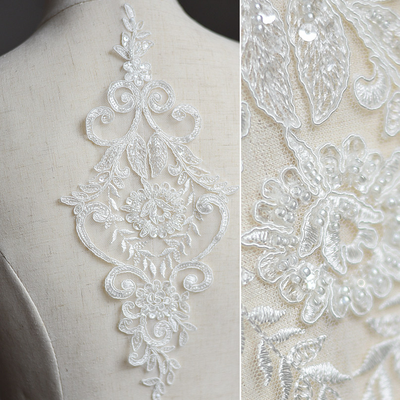 Beaded sequin embroidery lace flower wedding dress veil handmade diy material clothing decoration accessories fabric white