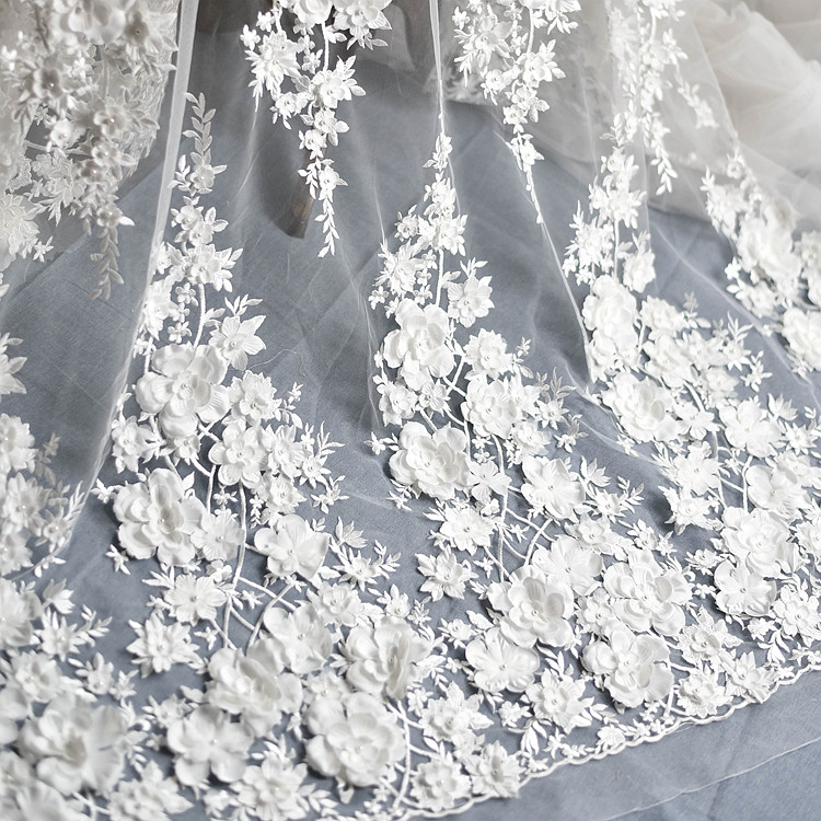 Elfenbein weißes Brautkleid Spitze Stoff, 3D Chiffon Blumen, Nagel Satin Bead, Europäische Spitze Stoff, RS583 – Detail 2
