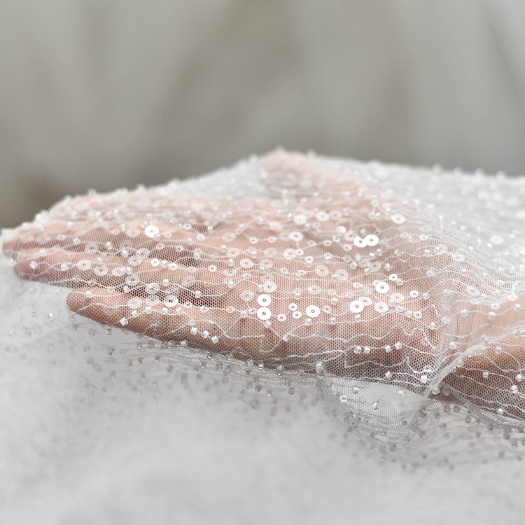 Heavy handmade sequins embroidered beads embroidery mesh transparent fabric wedding dress diy material dress decoration fabric