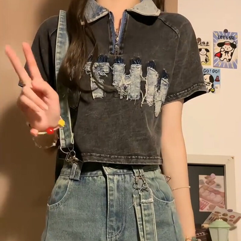 American-Style Washed and Distressed Polo Collar Short-Sleeve T-Shirt for Women, 2025 Summer New Denim Patchwork Slim-Fit Short Top