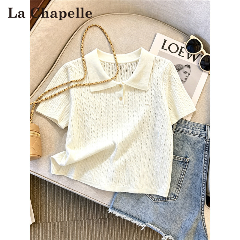 La Chapelle Apricot-Colored Hollow-Out Cable Knit Lapel Short-Sleeve T-Shirt for Women, Summer Thin High-End Short Top