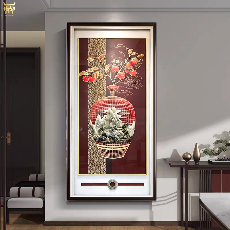 Hand-Carved Brass Plate Copper Sculpture Decorative Painting for Entryway, Traditional Brass Inlaid with Jade Vertical Persimmon Hanging Painting in New Chinese Style