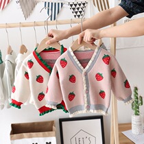 Childrens autumn clothes 1-3-year-old girl strawberry water mink wool coat jacket foreign air baby knit cardiovert autumn winter blouse 4