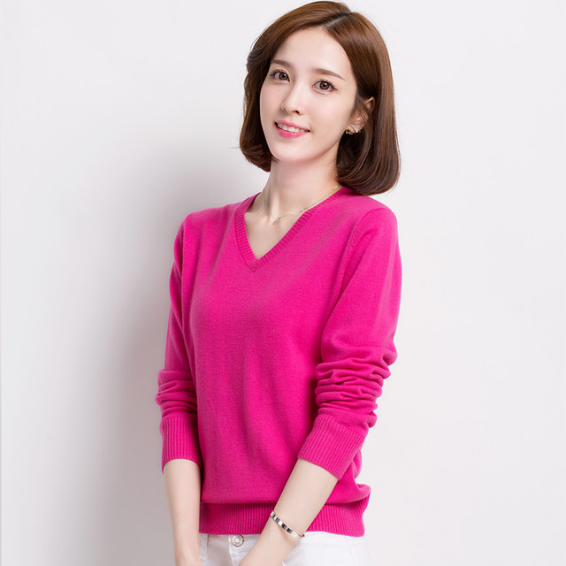 Hengyuanxiang 100 pure woolen sweater for women spring and autumn new pullover bottoming sweater v-neck solid color rose red sweater