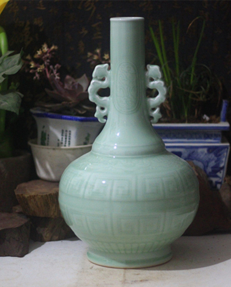 NL383 清乾隆 豆青釉六方瓶・豆青釉瓶☆中国古玩花瓶花器花插 多