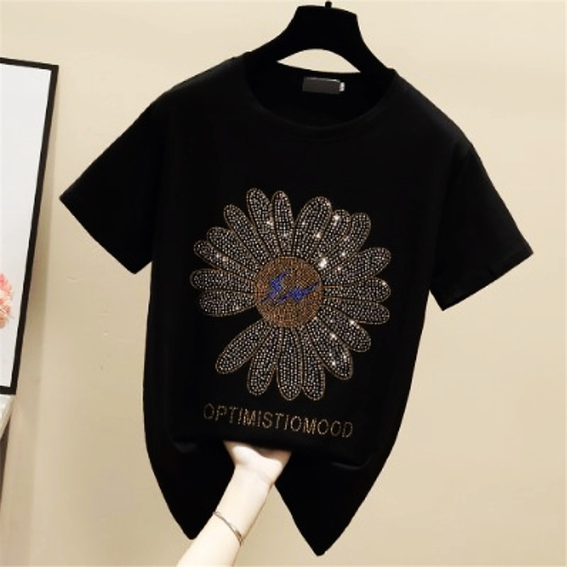 Hong Kong 2021 new small daisy net red hot diamond cotton short-sleeved t-shirt women's loose half-sleeved T-shirt top T-shirt