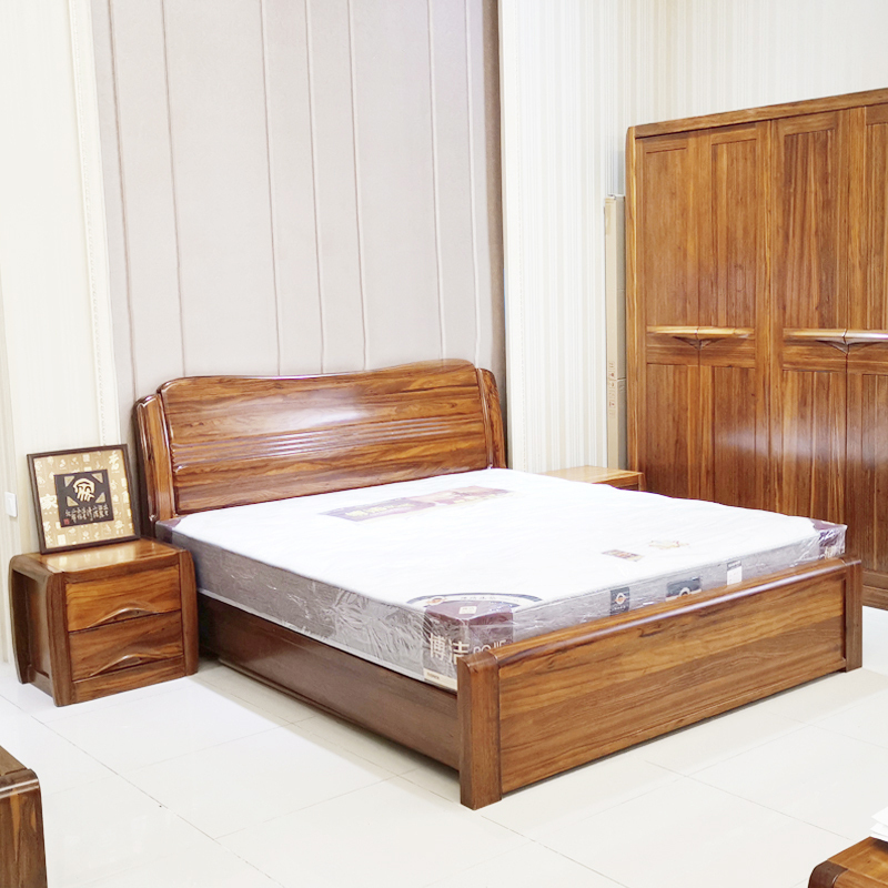 Yimu Shihan Wujinmu solid wood bed double bed 1 8m m storage small zebra all solid wood new Chinese bedroom home