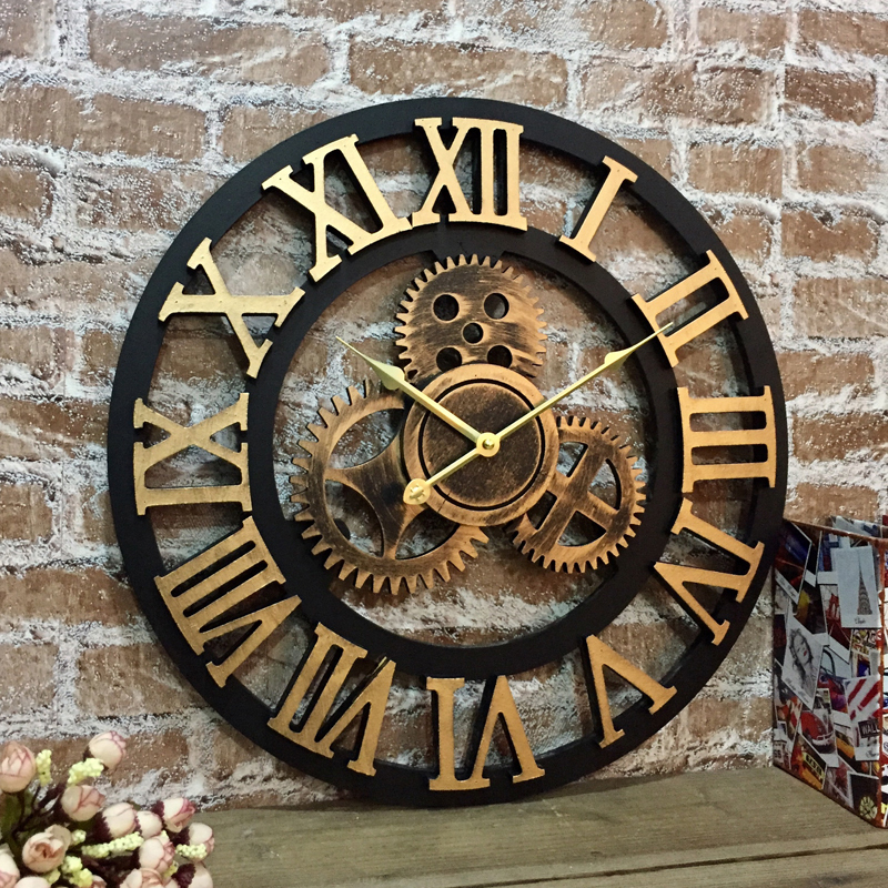 European Retro Creative Large Clock Art Wall Clock Living Room American Style Wall Clock Industrial Style Gear Clock French Wall Clock