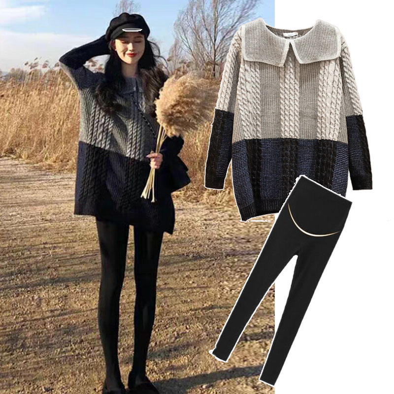 Pregnant woman sweater with long version of blouse loose fashion spring and autumn money net red gestation woman dress out for autumn and winter stitch sweatshirt suit