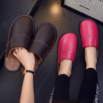 Leather mute beef tendon soft bottom non-slip home cotton slippers for men and women in autumn and winter indoor waterproof plus velvet warm