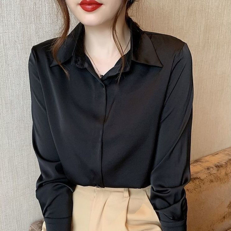 Spring Non-Iron Wrinkle-Resistant Long-Sleeve Black Shirt for Women, Formal College Student Workwear, Thin Base Shirt, Anti-Wrinkle, Plus Size