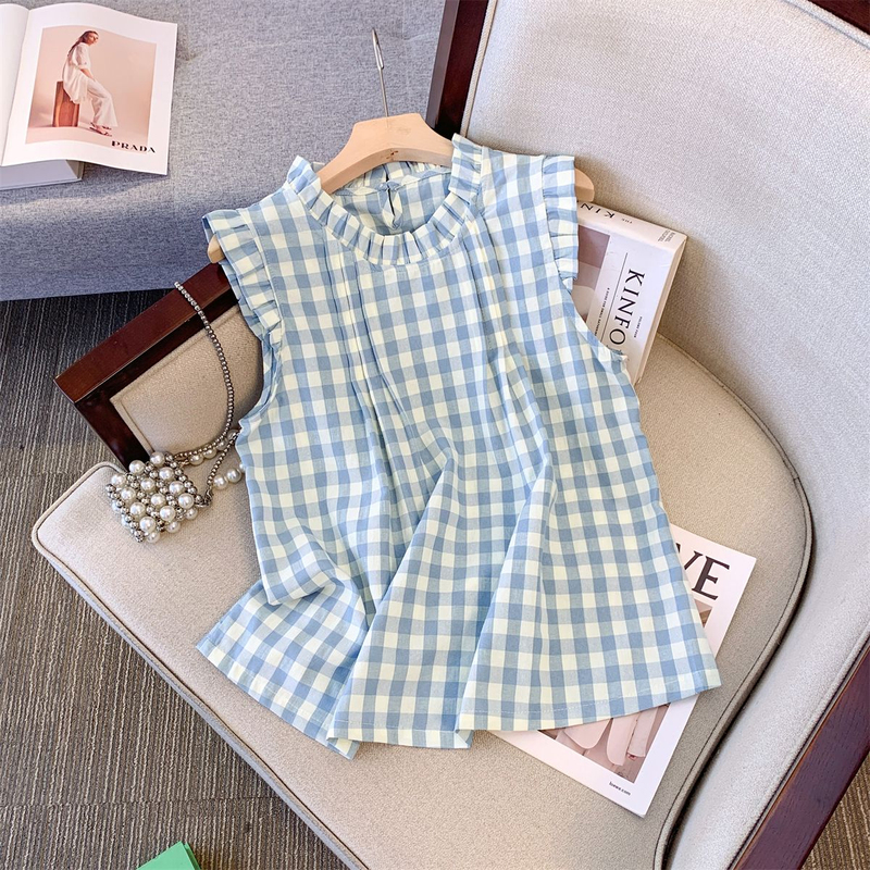 Blue Plaid Sleeveless Vest Shirt for Women, Summer 2065 New Design Shirt, Fashionable Round Neck Trendy Top