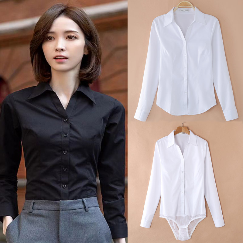 V-Neck Mid-Length Sleeve White Shirt Jumpsuit Professional Outfit for Women, Base Shirt for Interviews, Formal Wear, Office Work Attire, Autumn Style for Commuting V-Neck Mid-Length Sleeve White Shirt Jumpsuit Professional Outfit for Women, Base Shirt for Interviews, Formal Wear, Office Work Attire, Autumn Style for Commuting