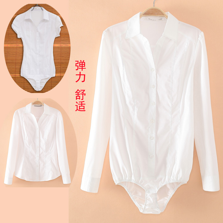 Model Performance Long-Sleeve Stretchy One-Piece Shirt Women's Short-Sleeve Slim-Fit Top Professional Wear Slimming V-Neck Plus Size White