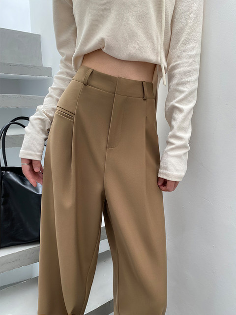 Khaki wide-leg pants women's summer spring and autumn high-waist drape slim straight casual small suit pants high-end