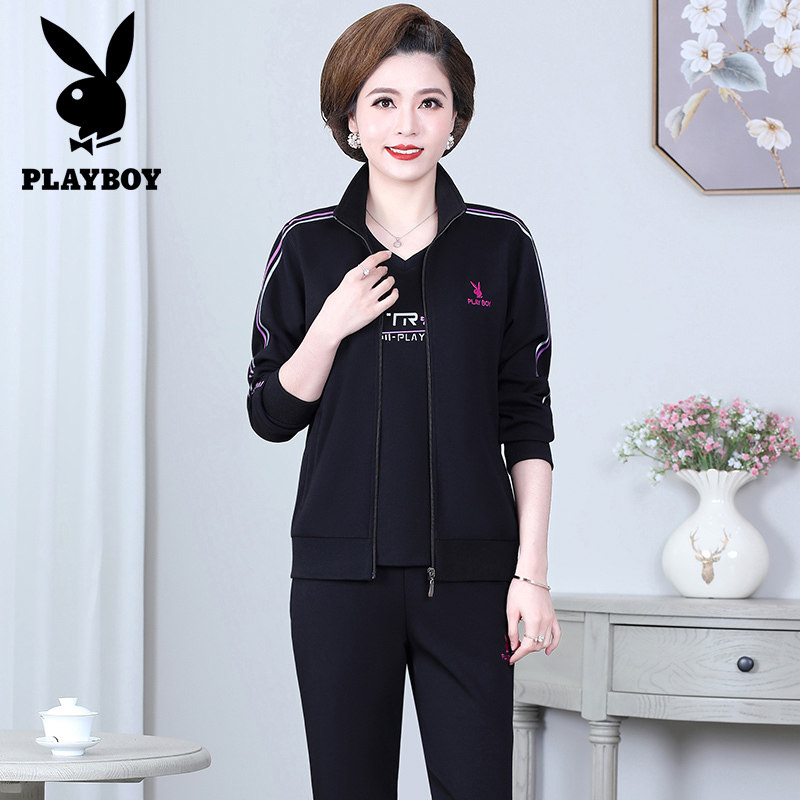 Flowers Playboy Sports Suit Women's Mother Clothing Cotton Spring Autumn Money Long Sleeves Thick Cotton T Loose Casual Middle Aged 2 pieces