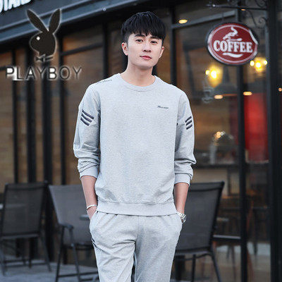 Flowers Playboy Sports Suit Men's Spring Slim pure cotton round collar Leisure long sleeves T-shirt grey thick cotton T Two sets