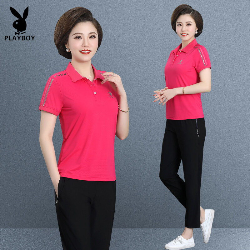Playboy short-sleeved tracksuit women's thin ice silk lapel T-shirt cropped pants summer two-piece set mom suit