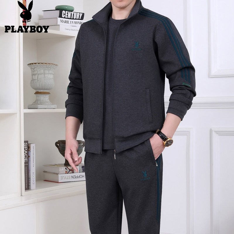 Flowers Playboy Three Levers Sports Suit Men's Mid Aged Spring And Autumn Clothing Pure Cotton Big Ruler Yard Dad clothes Three sets