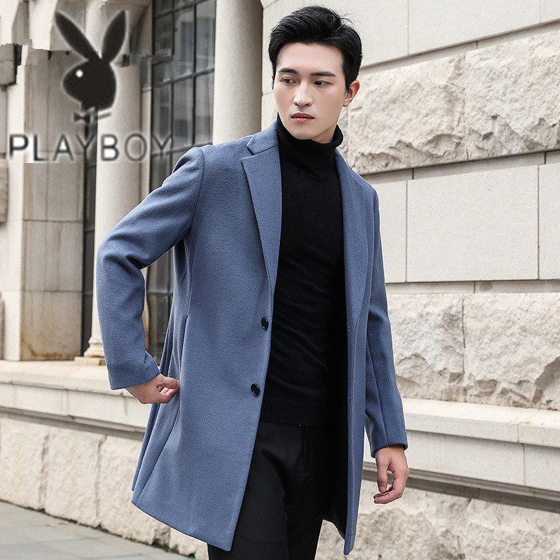 Playboy woolen coat men's slim mid-length cashmere windbreaker handsome solid color large size general wool coat