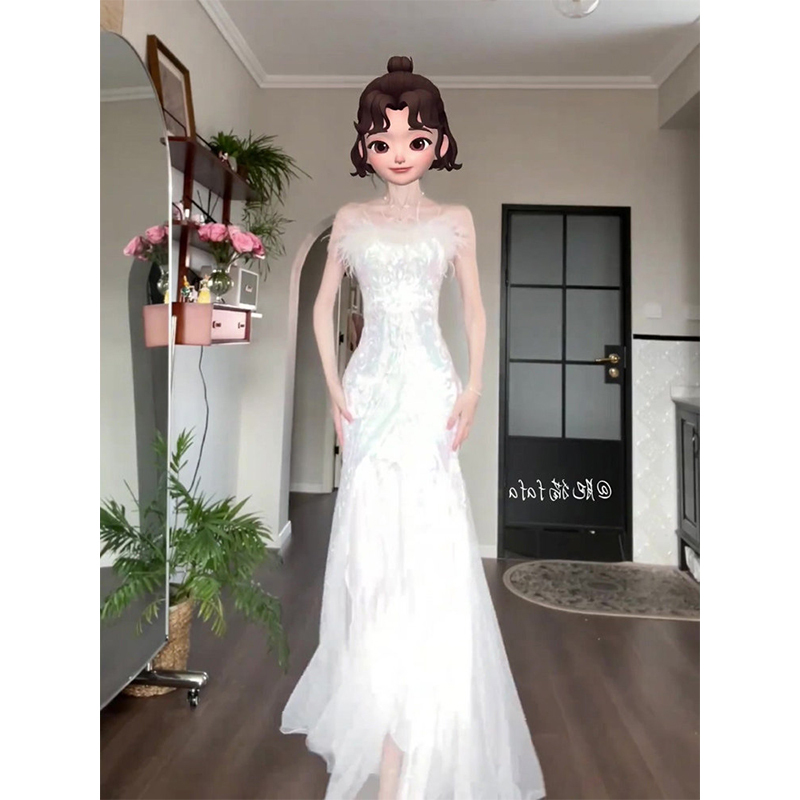 Light Luxury Style One-Shoulder White Evening Gown Long Dress Sexy Coming-Of-Age Ceremony Student High-End Heavy Sequin Dress