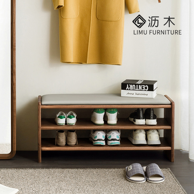 Solid wood shoe changing stool Nordic black walnut door wear shoe stool can sit shoe cabinet with cushioned bed end stool into the door double stool