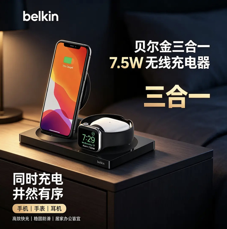 Belkin Three-In-One Wireless Charger for Apple Mobile Phones, Watches, AirPods Headphones, Vertical Charging Stand 7.5W Belkin Three-In-One Wireless Charger for Apple Mobile Phones, Watches, AirPods Headphones, Vertical Charging Stand 7.5W