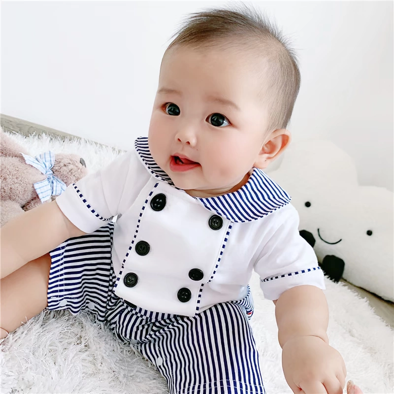 Ba bông hoa nhỏ trẻ sơ sinh bé trai mùa hè cotton hai ngực sọc hải quân romper romper jumpsuit - Áo liền quần