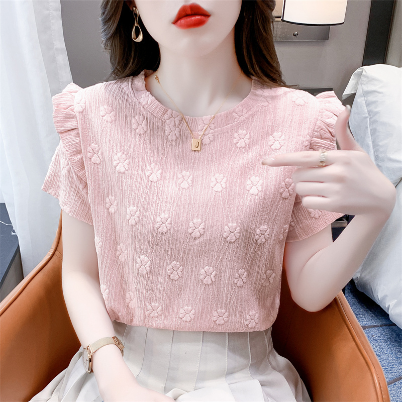 Ruffled Lace Short-Sleeved T-Shirt for Women 2024 Summer New Fashion Stylish Shirt Versatile Design Top