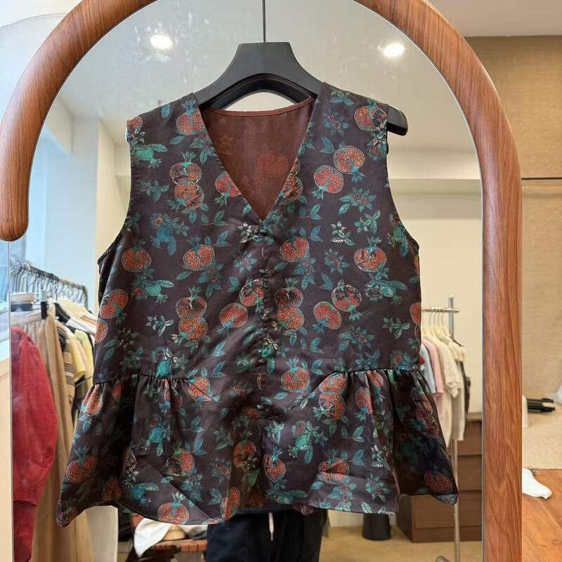 European Station 2026 New European Style V-Neck Silk Xiangyun Fabric Pomegranate Print Ruffle Vest Top 261093