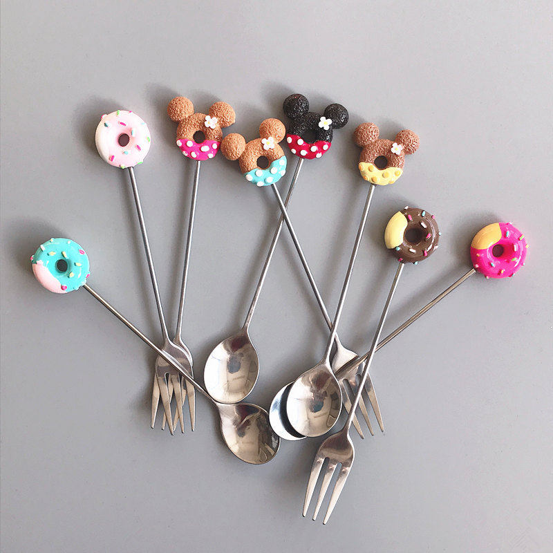 Stainless Steel Doughnut Midge Milk Coffee Stirring Spoon Fruit Fork Ice Cream Sweet Spoonful Spoon Cartoon