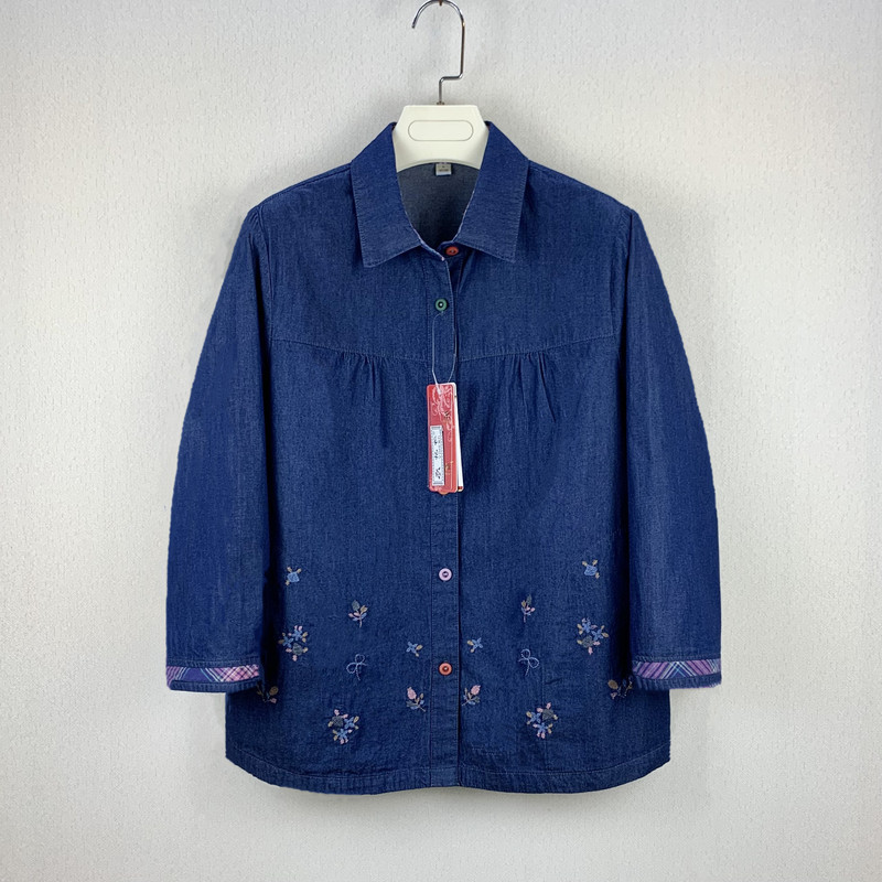 Yiheng Genuine Middle-Aged and Elderly Women's Summer Thin Denim Mid-Sleeve Shirt Pure Cotton Mom-Style Nine-Quarter Sleeve Shirt