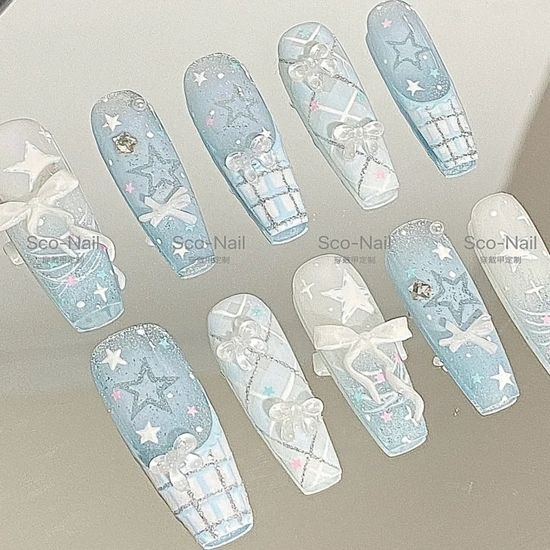 Ice Blue Star Galaxy Handmade Wearable Nails Wearable Nail Art Nail Stickers Removable Reusable Nail Pieces