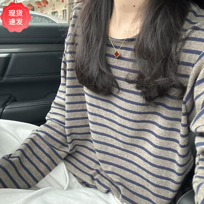 Color-Blocked Round Neck Vintage Striped Long-Sleeve T-Shirt for Women, Versatile Base Shirt for Spring and Autumn, Loose and Relaxed Top