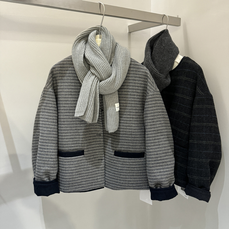 Korean-Style Scarf Plaid Color-Blocking Wool down Jacket for Women, New Winter Thick Coat with 90% White Duck down