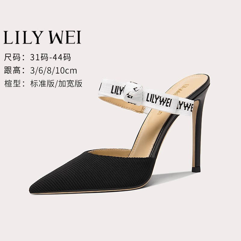 Lily Wei French-Style Bow Strap Sandals Black Letter High Heels Plus Size Women's Shoes 41 to 43