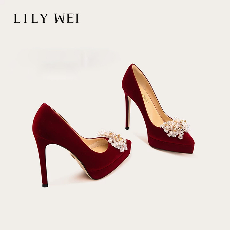 Lily Wei【Dianjiangliudan】Red Velvet Xiuhe Wedding Shoes for Petite Women, Waterproof Platform High Heels, Bridal Shoes