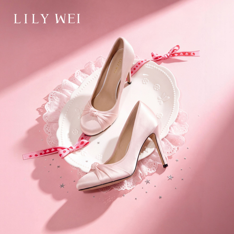 Lilywei Peach Mist Sweet Sleep French High Heels Comfortable Pink Single Shoes Satin New Women's Shoes Autumn Gift
