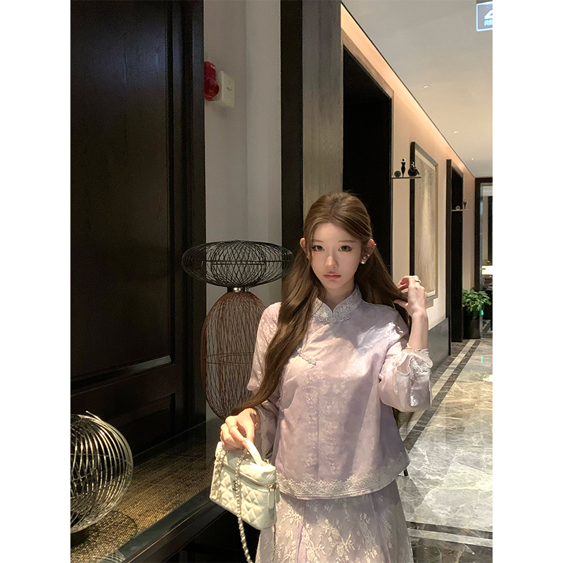 Tinghe【Colorful and Vibrant】New Chinese-Style Light Purple Gradient Shirt Mamian Skirt Women's Spring New National Style Suit