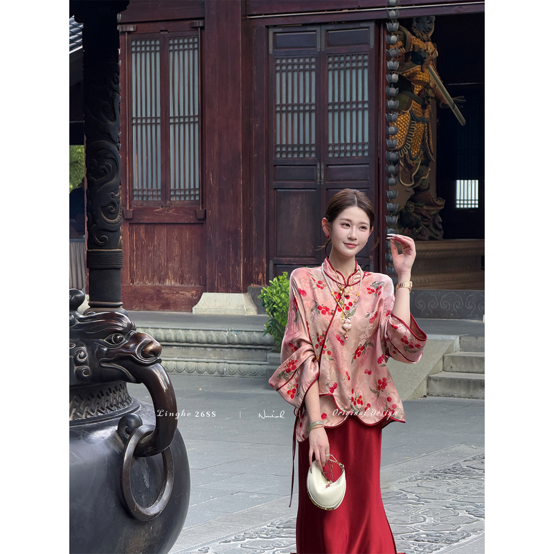 Tinghe【National Peace and Prosperity】New Chinese Style 100% Silk National Style Jacket and Skirt Set for Women, Autumn Festival Engagement Outfit