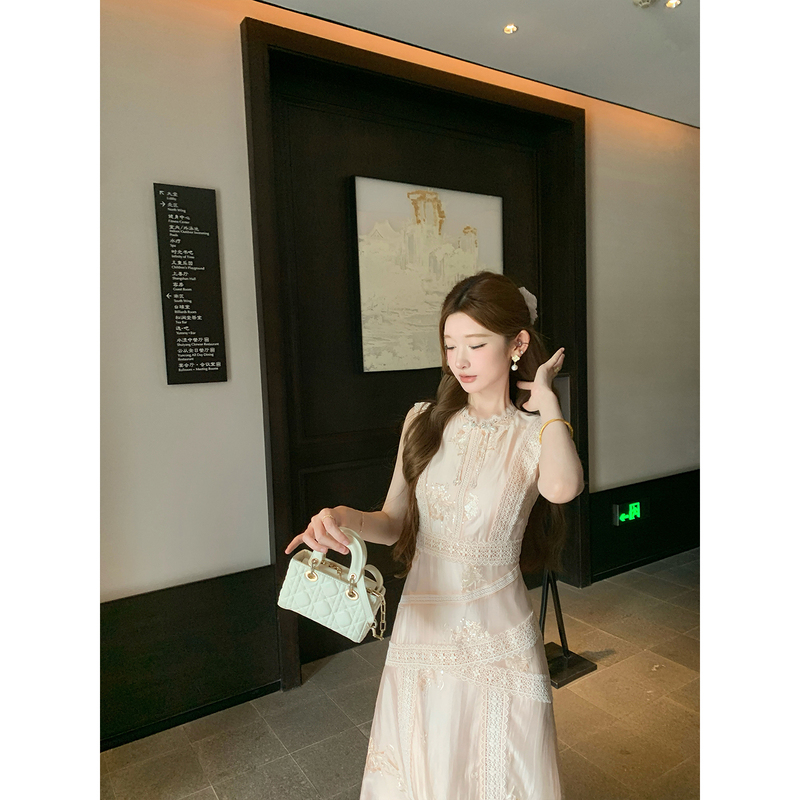 Tinghe【Flowers in Full Bloom and Moonlight】Heavy Lace New Chinese Style Tencel Dress for Women, Autumn Sleeveless Long Dress