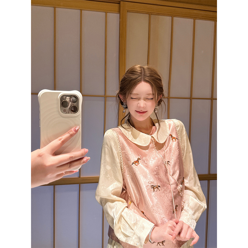 Tinghe【Happiness Plus Horse】New Chinese-Style Pink Embroidered Pony Vest Rayon Linen Shirt National Style Suit