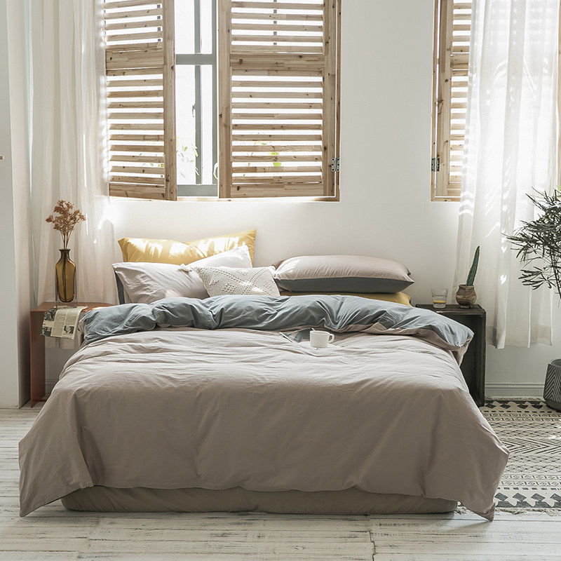 High-end Pure Cotton Four Pieces Full Cotton Spring Autumn Minimalist Parquet Color Nude Sleep Water Washed Cotton Bed Linen Bed Hat Bedding