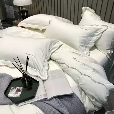High-grade 120 long staple cotton cotton cotton four-piece cotton pure color embroidered sheets quilt cover light luxury bedding YM