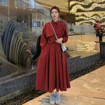 Red windage shirt dress women spring and autumn 2021 New French super long knee waist vintage long skirt