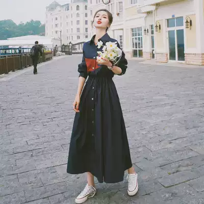 French long sleeve shirt dress women Autumn 2020 new fashion celebrity temperament thin light mature wind long skirt