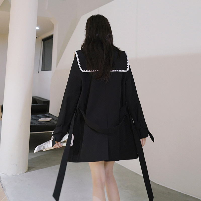 Navy collar black advanced sensweaters jacket female medium long version 2022 Spring and autumn new Korean teas loose small subs