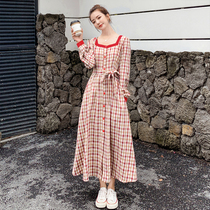 Red square collar plaid dress womens autumn dress 2020 new waist thin temperament light mature wind shirt long skirt
